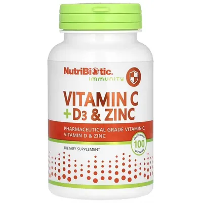 Вітаміни C + D3 та цинк NutriBiotic Immunity Vitamin C + D3 & Zinc, 100 капсул