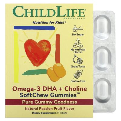 Омега-3 DHA+ Холин ChildLife Omega-3 DHA+ Choline SoftMelts, 27 жевательных конфет с фруктовым вкусом