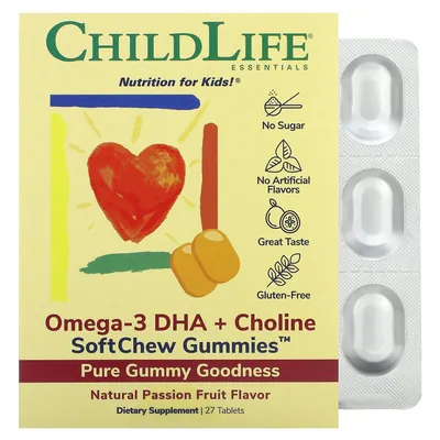 Омега-3 DHA + Холін ChildLife Omega-3 DHA + Choline SoftMelts, 27 жувальних цукерок з фруктовим смаком