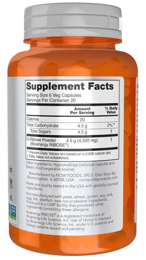 D-рибоза Now Sports D-Ribose 750 мг, 120 вег. капсул