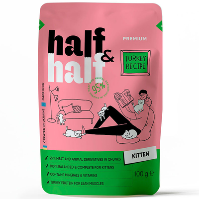 Корм вологий Half&Half консервований з індичкою для кошенят (шматочки в желе), 100 г