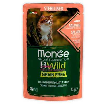 Корм влажный Monge BWild Grain Free Sterilized Adult Cat для стерилизованных кошек с лососем (кусочки в соусе), 85 г