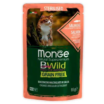 Корм вологий Monge BWild Grain Free Sterilized Adult Cat для стерилізованих котів з лососем (шматочки в соусі), 85 г