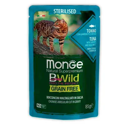 Корм вологий Monge BWild Grain Free Sterilized Adult Cat для стерилізованих котів з тунцем (шматочки в соусі), 85 г