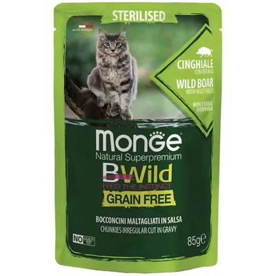 Корм вологий Monge BWild Grain Free Sterilized Adult Cat для стерилізованих котів з диким кабанем (шматочки в соусі), 85 г