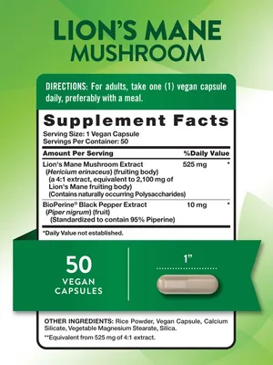 Їжовик гребінчастий Nature's Truth Lion's Mane Mushroom plus Bioperine, 50 капсул