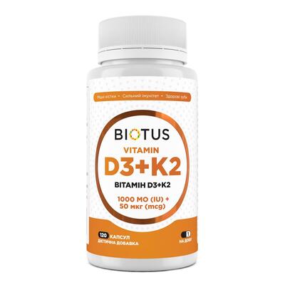 Витамин D3 + К2 Biotus Vitamin D3 + K2 1000 МЕ/50 мкг, 120 капсул