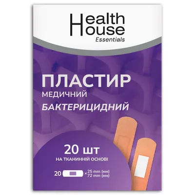Пластир медичний бактерицидний Health House на тканинній основі розмір 2,5 см х 7,2 см, 20 штук