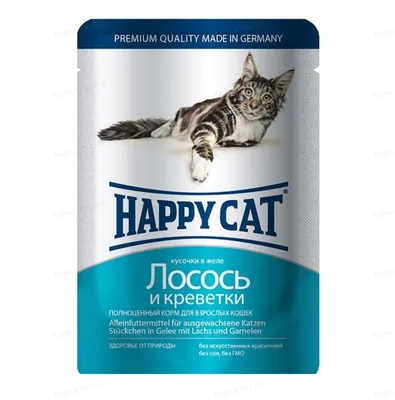 Корм вологий Happy Cat для кішок з лососем та креветками, шматочки в желе, 100 г