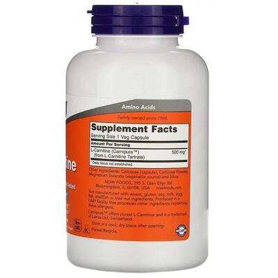 Аминокислота L-Карнитин NOW L-Carnitine 500 мг веганские капсулы №180