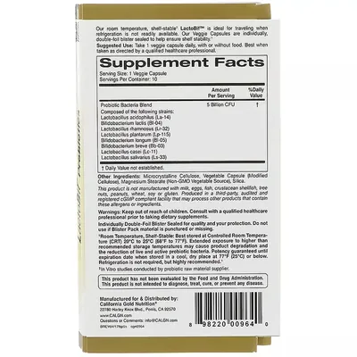 Пробіотики California Gold Nutrition LactoBif 5 Probiotics 5 Billion CFU вег. капсули №10