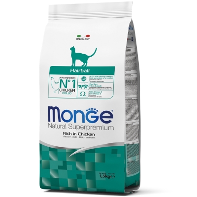 Корм сухой Monge Cat Hairball для кошек для выведения комочков шерсти с курицей, 1,5 кг