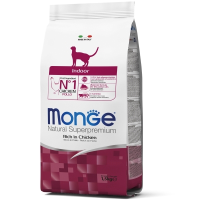 Корм сухой Monge Cat Indoor для малоактивных кошек, живущих в помещении с курицей, 1,5 кг.