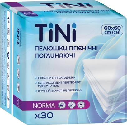 Пелюшки TіNі Norma одноразові гігієнічні поглинаючі 60 х 60 см, 30 шт