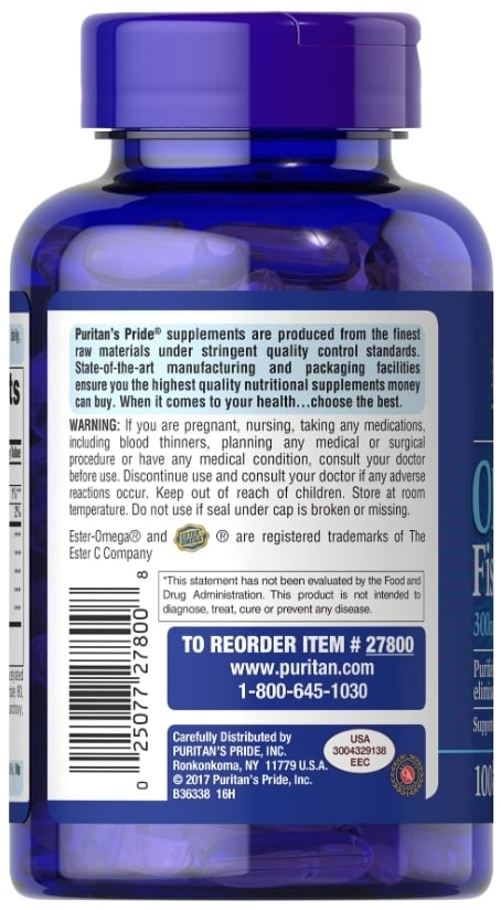 Омега-3 Puritan's Pride Omega-3 Fish Oil 1000 мг, 100 мягких капсул