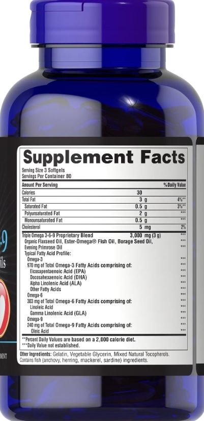 Омега 3-6-9 Puritan's Pride Triple Omega 3-6-9, 240 капсул