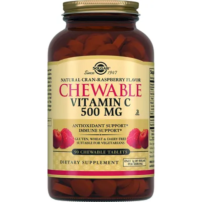 Вітамін С Solgar Vitamin C 500 мг зі смаком журавлини та малини жувальні таблетки №90