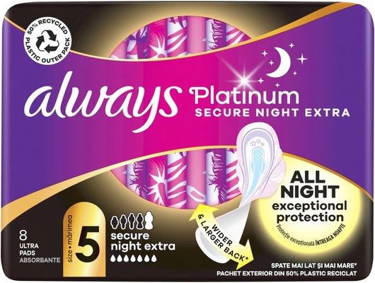 Прокладки гигиенические Always Platinum Secure Night Extra, 7 капель, 5 размер, 8 шт