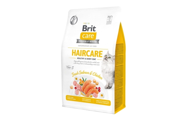 Корм сухой Brit Care Cat GF Haircare Healthy & Shiny Coat для кошек, требующих ухода за кожей и шерстью с лососем и курицей, 400 г
