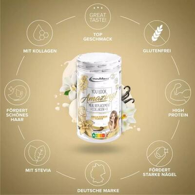 Протеїн з колагеном і вітамінами IronMaxx You Look Amazing Meal Replacement + Collagen + X ванільне морозиво, 550 г