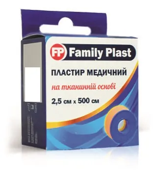 Пластир медичний FP Family Plast на тканинній основі в котушці з підвісом 2,5 см х 500 см, 1 штука