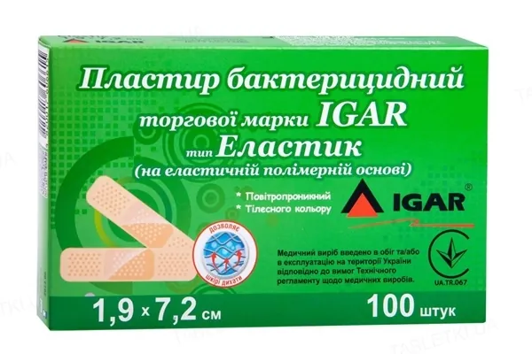 Пластир бактерицидний IGAR Еластик на еластичній полімерній основі 1,9 см х 7,2 см, 100 штук