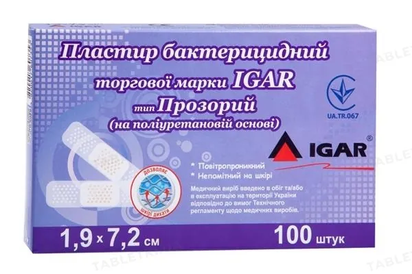 Пластир бактерицидний IGAR Прозорий на полімерній основі (поліуретан) 1,9 см х 7,2 см, 100 штук