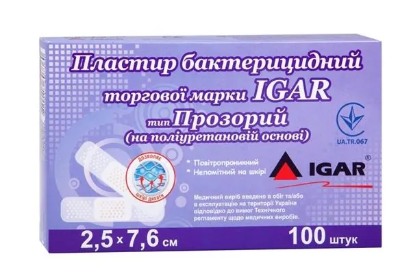 Пластир бактерицидний IGAR Прозорий на полімерній основі (поліуретан) 2,5 см х 7,6 см, 100 штук