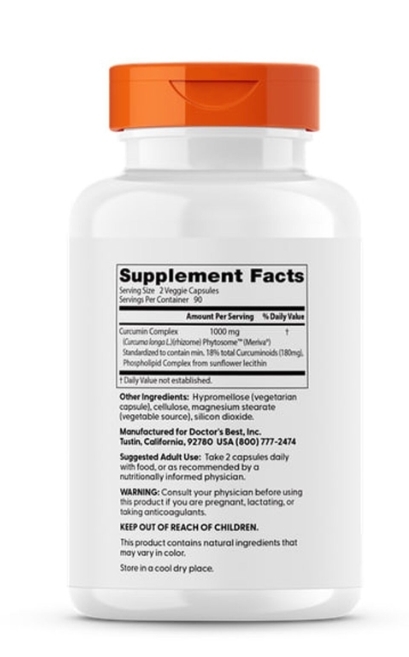 Куркумін Doctor's Best Curcumin Phytosome 1000 мг, 180 веганських капсул