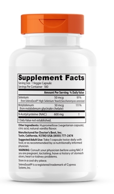 N-ацетилцистеин Doctor's Best NAC Detox Regulators, 180 вегетарианских капсул