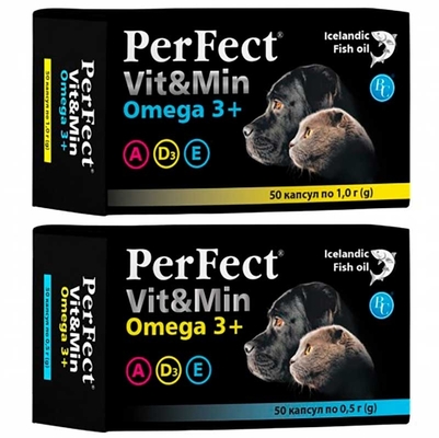 Добавка PerFect Vit&Min Omega 3+ для собак и котов, 50 капсул