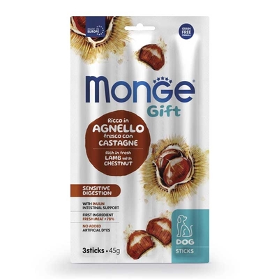 Лакомство для собак Monge Gift Dog Sensitive digestion Мясные палочки с ягненком и каштанами, 45 г