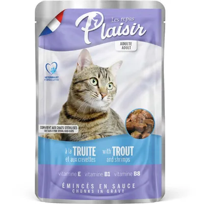 Корм вологий Plaisir Adult Sterilized Cat з фореллю та креветками для дорослих стерилізованих котів (шматочки в соусі), 100 г