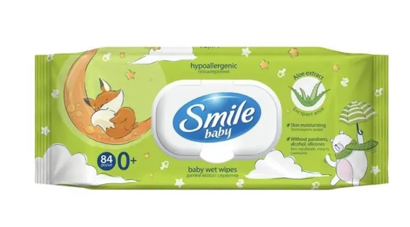 Серветки вологі Smile Baby 0+ дитячі з екстрактом алое, 84 шт