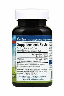 Витамин Д3 Carlson Labs Vitamin D3 4000 МЕ, 120 капсул