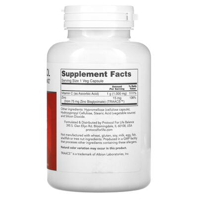 Витамин C и цинк Protocol for Life Balance C-1000 + Zinc-15, 120 веганских капсул