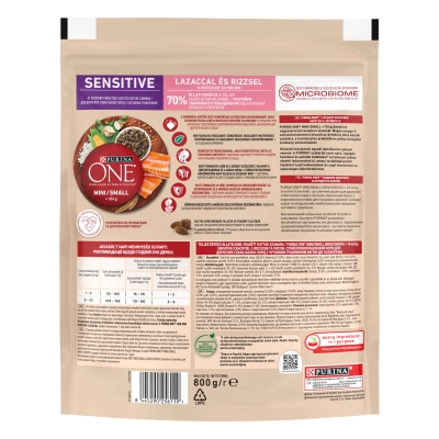 Корм сухой Purina One Mini/Small Sensitive для взрослых собак мелких пород с чувствительным пищеварением, с лососем и рисом, 800 г