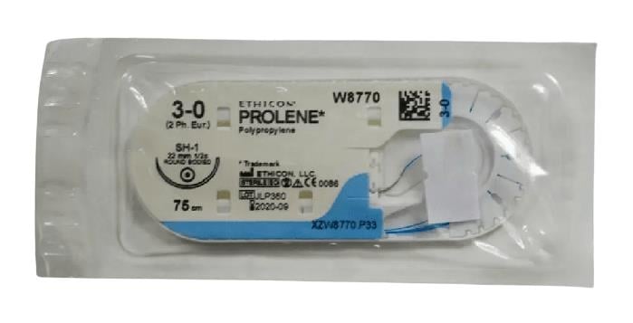 Шовный материал хирургический Prolene р. USP 3/0 (2) нерассасывающийся длина 75 см, игла колющая 22 мм, 1/2 круга W8770