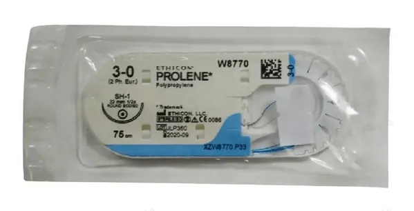 Шовний матеріал хірургічний Prolene W8770 р. USP 3/0 (2) нерозсмоктуючий довжина 75 см, голка колюча 22 мм, 1/2 кола