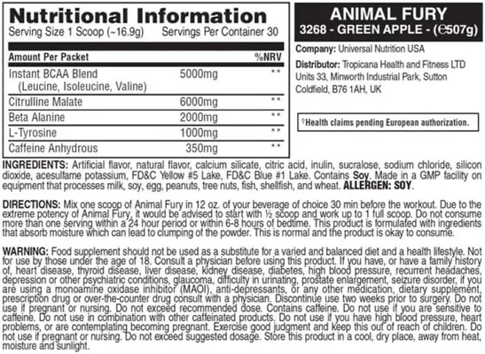 Передтренувальний комплекс Universal Nutrition Animal Fury, зелене яблуко, 507 г