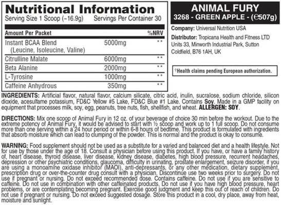Передтренувальний комплекс Universal Nutrition Animal Fury, зелене яблуко, 507 г