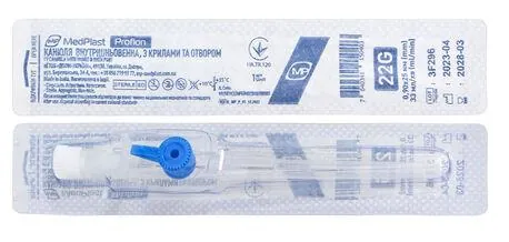 Канюля внутрішньовенна MP MedPlast Proflon з крилами та отвором 22G (0,9 x 25 мм), блакитна, 1 штука