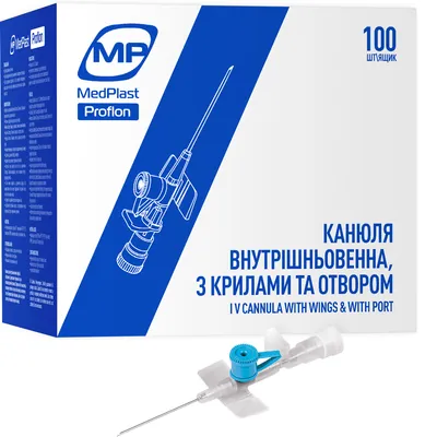 Канюля внутрішньовенна MP MedPlast Proflon з крилами та отвором 22G (0,9 x 25 мм), блакитна, 1 штука