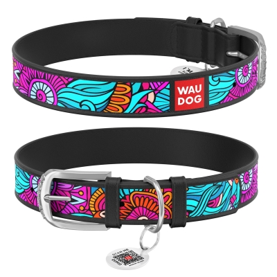 Ошейник для собак Collar WAUDOG Design с QR паспортом, рисунок Лето, кожаный, ширина 12 мм длина 19-25 см, чёрный