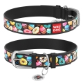 Ошейник для собак Collar WAUDOG Design с QR паспортом, рисунок Пончики, кожаный, ширина 15 мм длина 27-36 см, чёрный