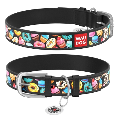 Ошейник для собак Collar WAUDOG Design с QR паспортом, рисунок Пончики, кожаный, ширина 20 мм длина 30-39 см, чёрный