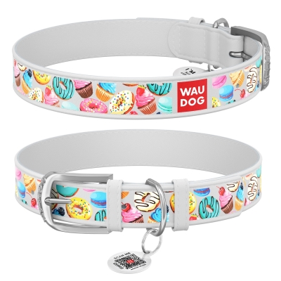 Ошейник для собак Collar WAUDOG Design с QR паспортом, рисунок Пончики, кожаный, ширина 25 мм длина 38-49 см, белый