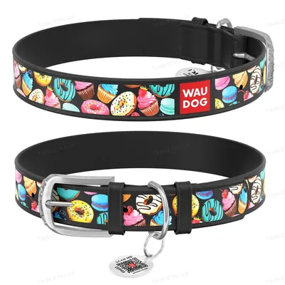 Нашийник для собак Collar WAUDOG Design з QR паспортом, малюнок Пончики, шкіряний, ширина 35 мм довжина 46-60 см, чорний