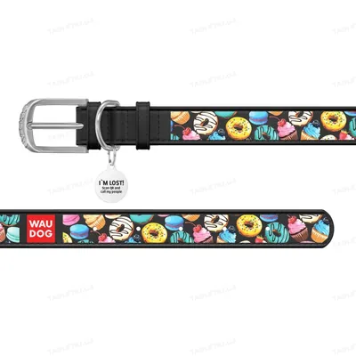 Нашийник для собак Collar WAUDOG Design з QR паспортом, малюнок Пончики, шкіряний, ширина 35 мм довжина 46-60 см, чорний