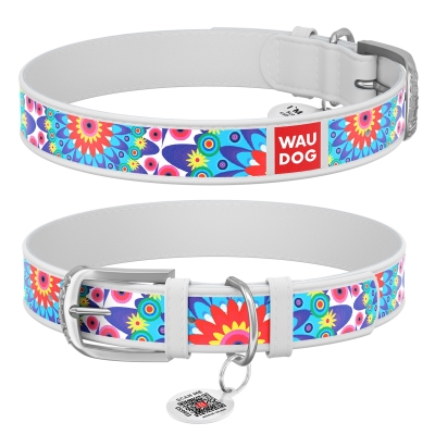 Ошейник для собак Collar WAUDOG Design с QR паспортом, рисунок Цветы, кожаный, ширина 20 мм длина 30-39 см, белый